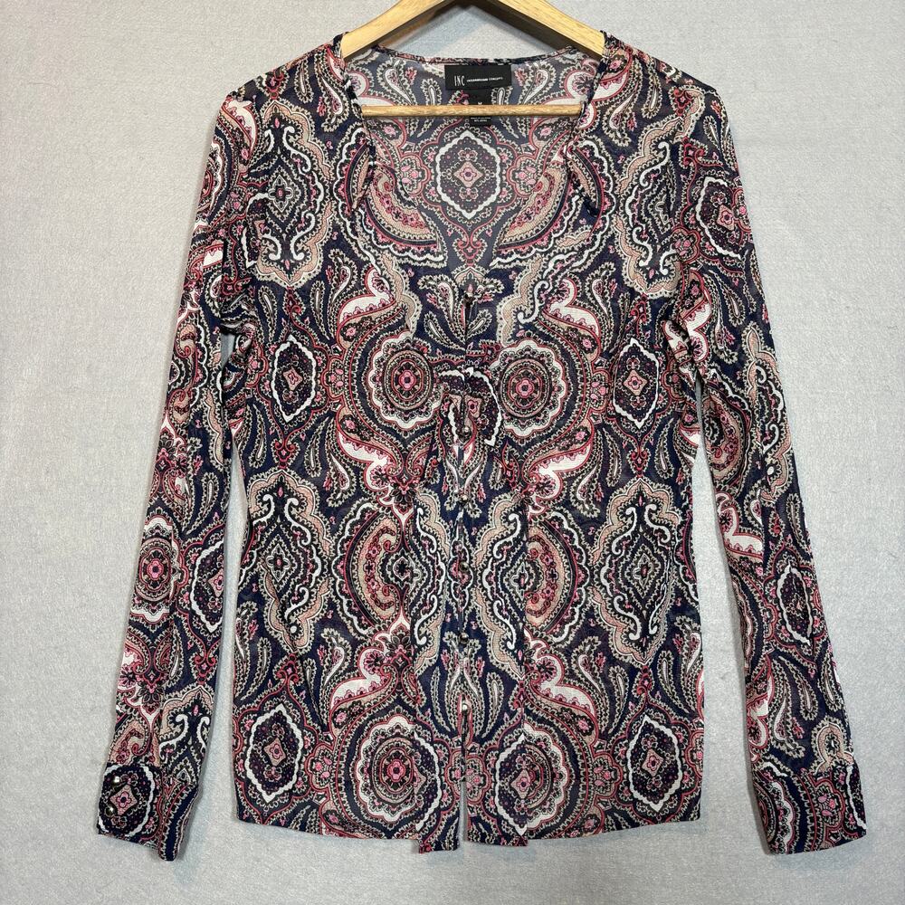 INC Shirt M Paisley Sheer Ruffle Stretch Long Sleeve Boho Retro Soft‎ Chic